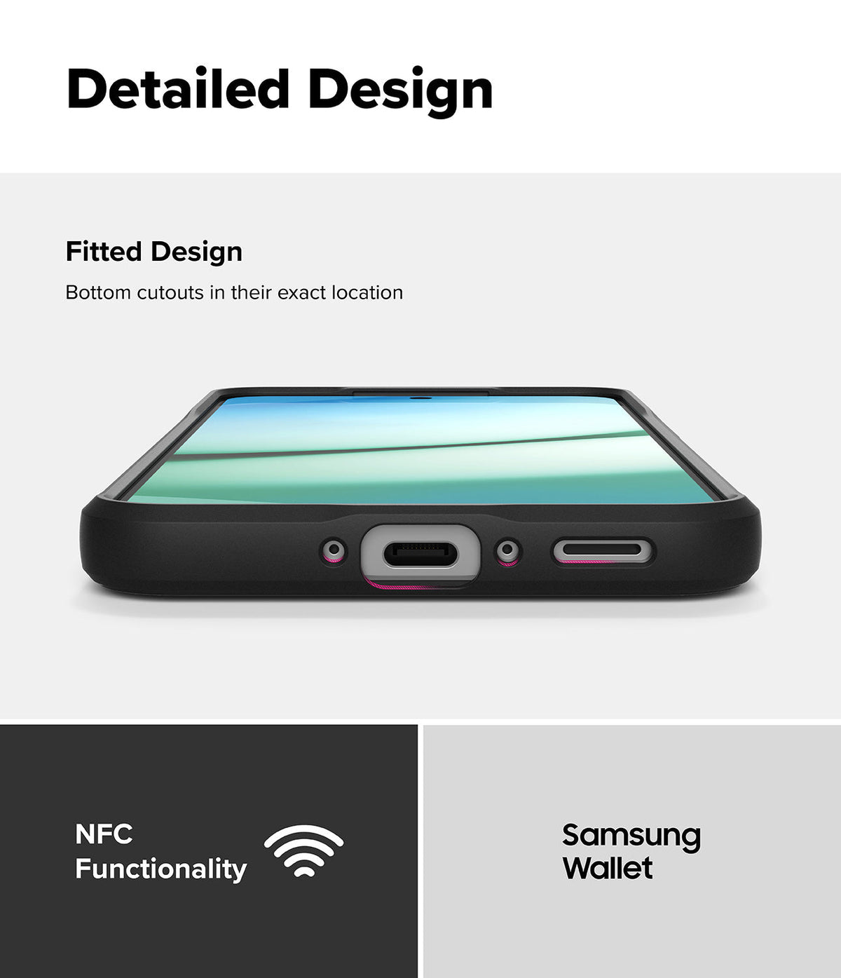 Galaxy A36 / A56 Case | Onyx - Bottom view of a black phone case showing precise cutouts for the charging port and speakers.
