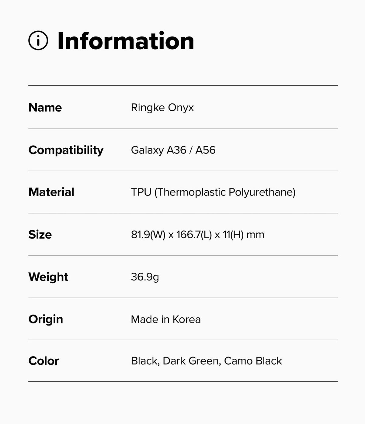 Galaxy A36 / A56 Case | Onyx - Information table listing product name, compatibility, material, size, weight, origin, and colors.