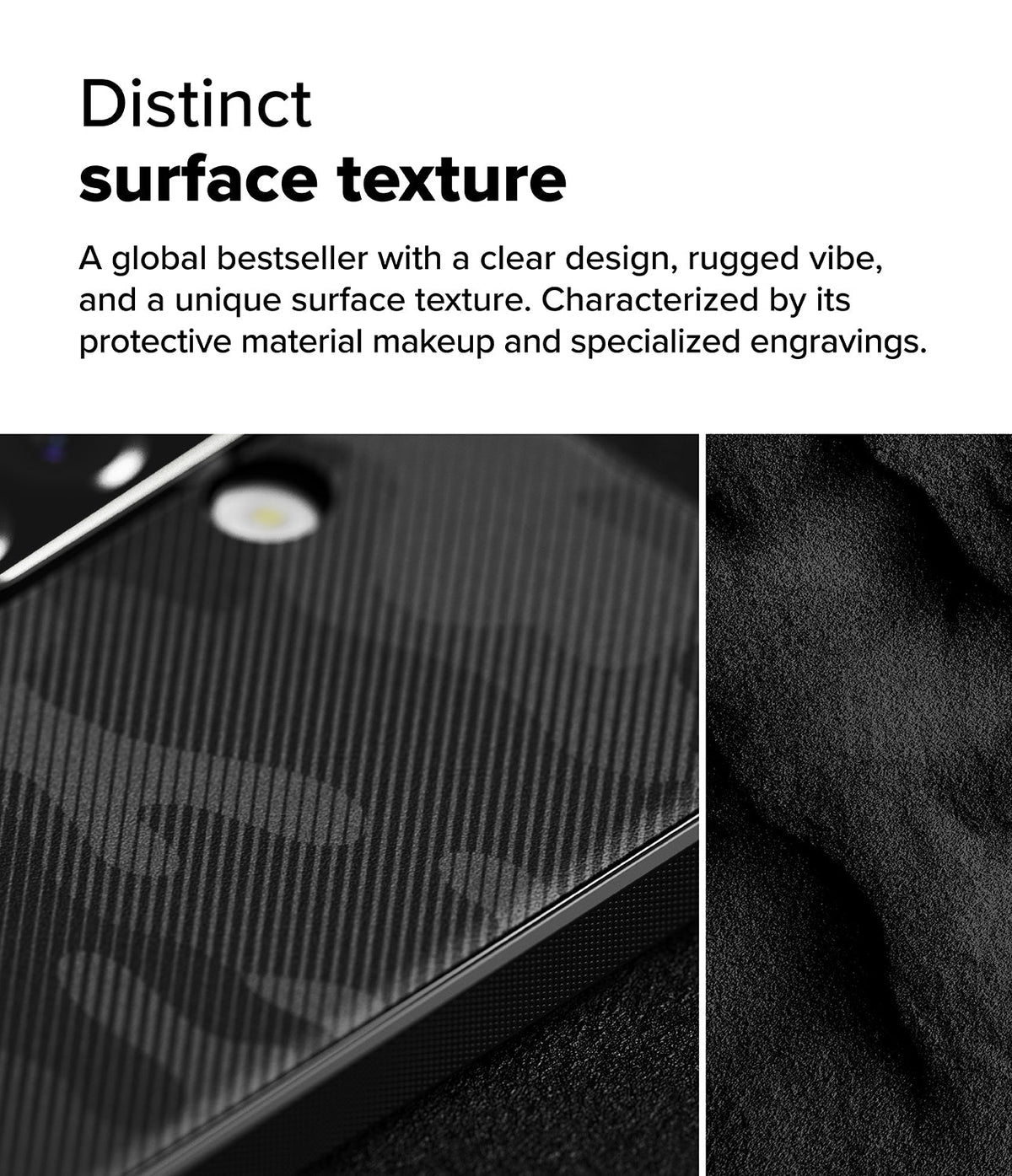 Galaxy A36 / A56 Case | Onyx - Close-up of a black phone case with a textured, rugged surface and subtle geometric engravings.
