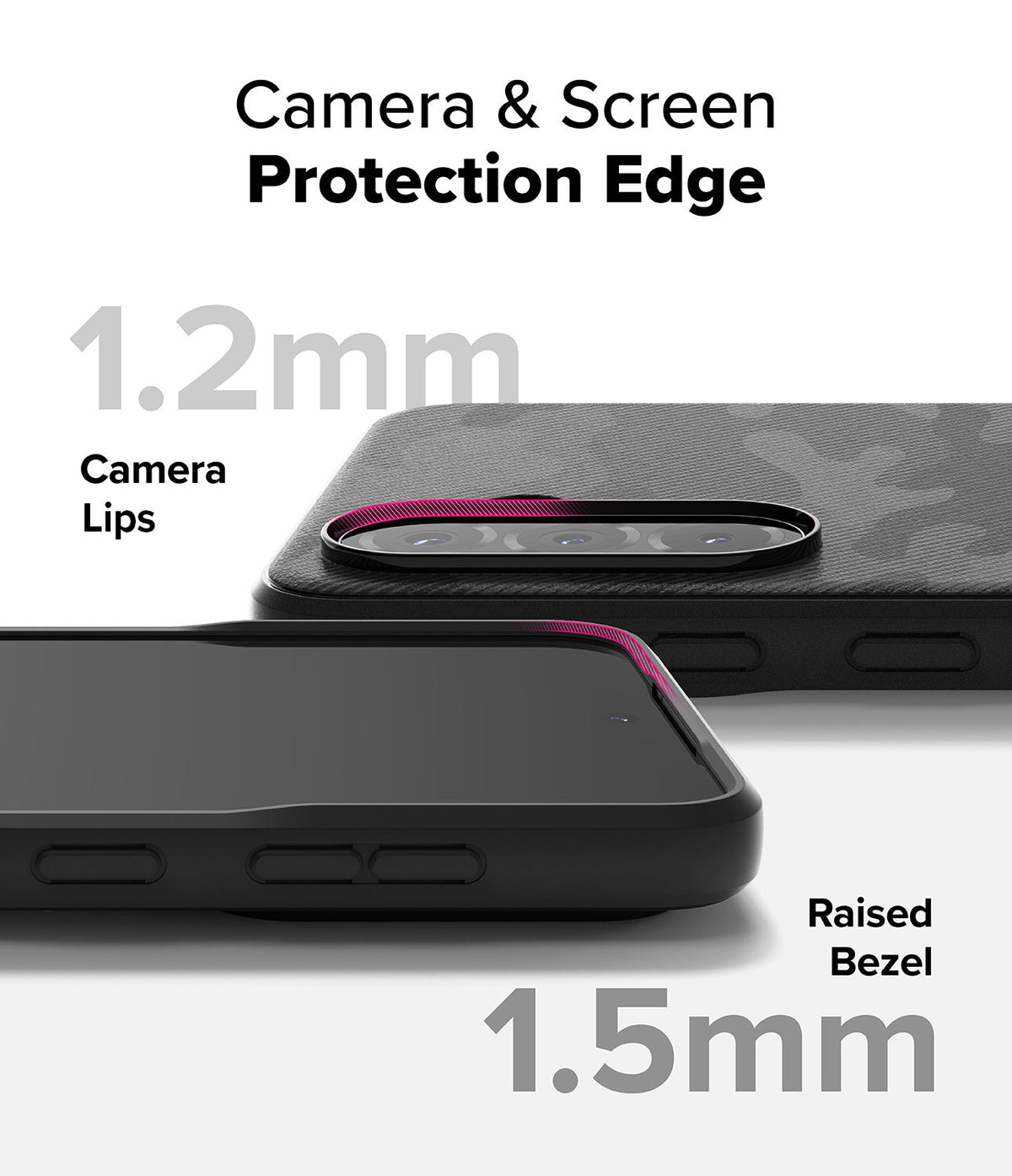 Galaxy A36 / A56 Case | Onyx - Close-up of phone case showing 1.2mm camera lips and 1.5mm raised screen bezel for protection.