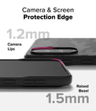 Galaxy A36 / A56 Case | Onyx - Close-up of phone case showing 1.2mm camera lips and 1.5mm raised screen bezel for protection.