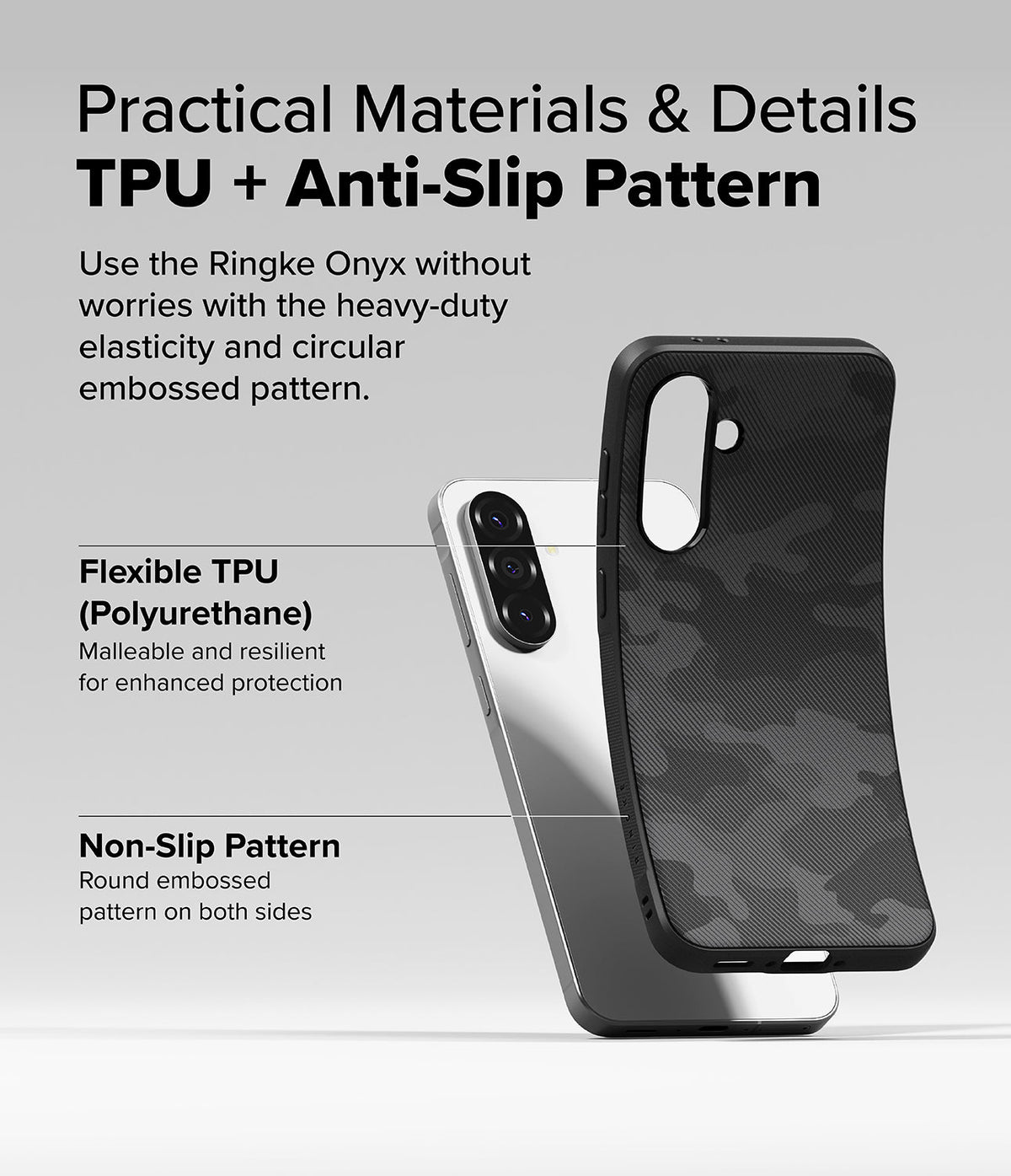 Galaxy A36 / A56 Case | Onyx - A flexible black TPU phone case with a textured camo pattern shown next to a silver smartphone.