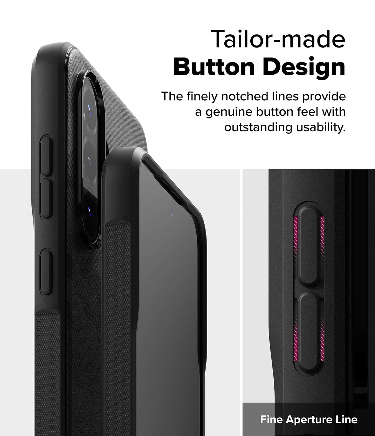Galaxy A36 / A56 Case | Onyx - Close-up of a black phone case highlighting the textured, tactile button design.