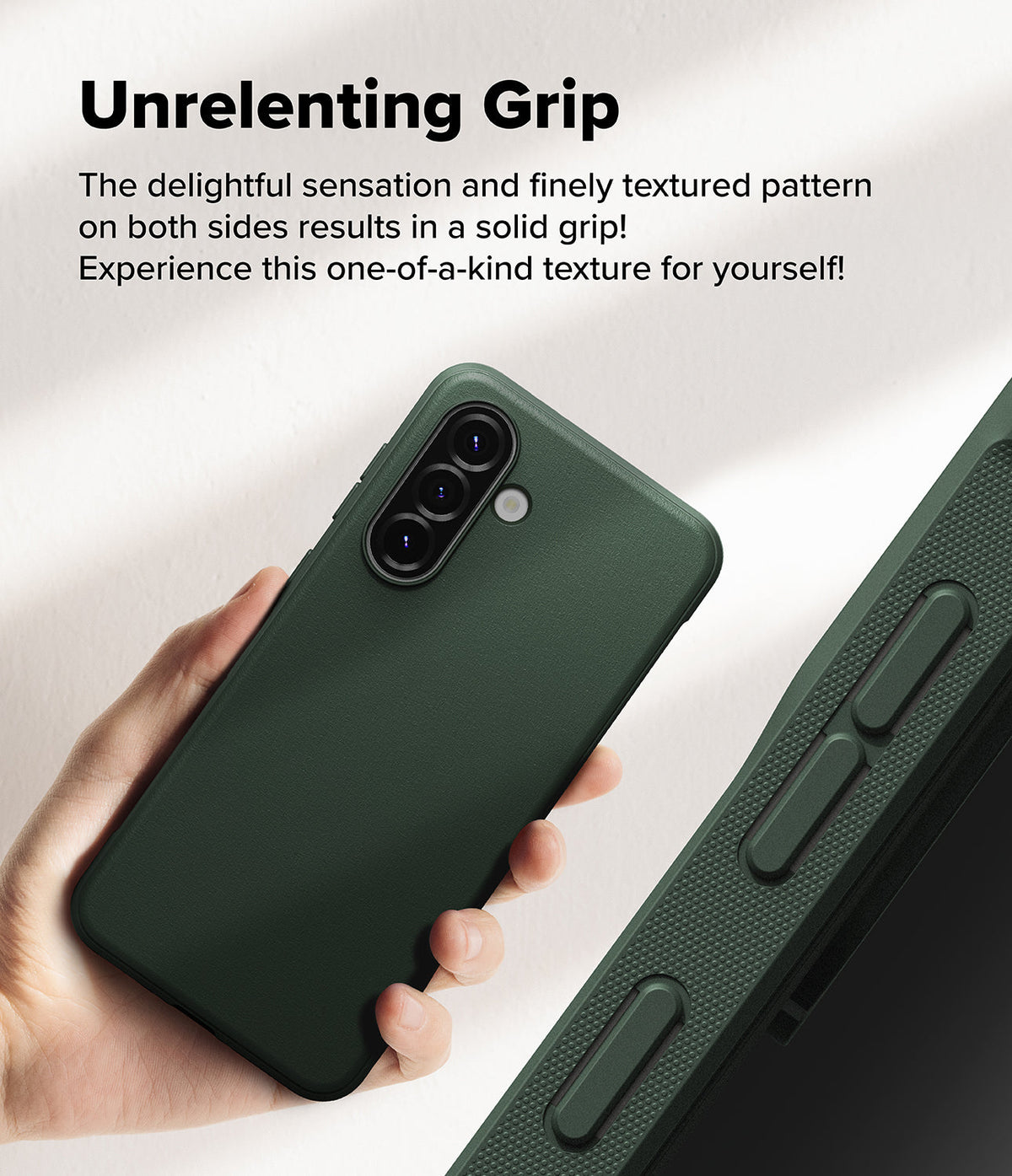 Galaxy A36 / A56 Case | Onyx - Hand holding a dark green phone case showing the textured side grip and triple camera cutout.
