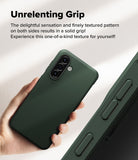 Galaxy A36 / A56 Case | Onyx - Hand holding a dark green phone case showing the textured side grip and triple camera cutout.