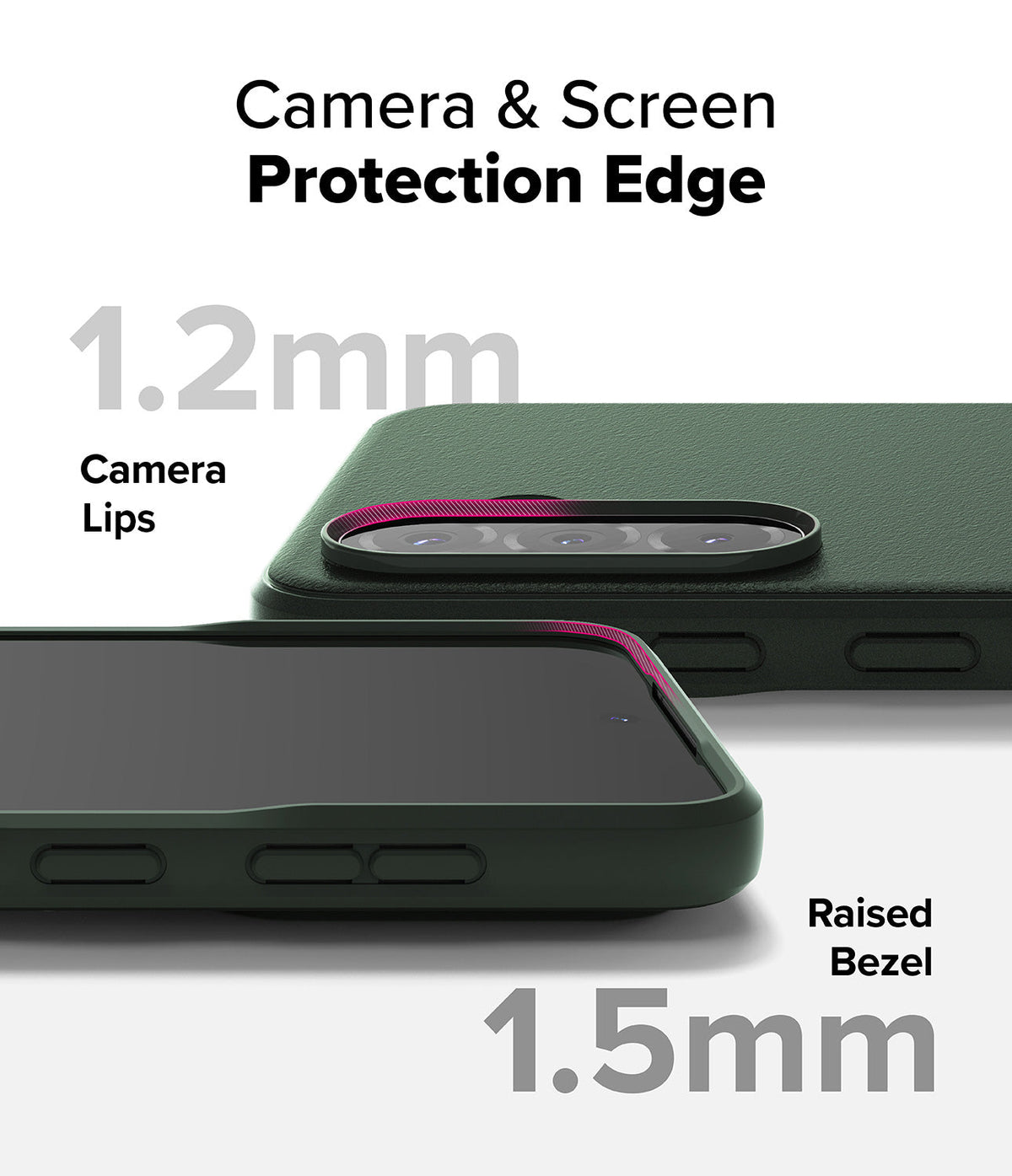 Galaxy A36 / A56 Case | Onyx - Dark green phone case showing 1.2mm camera lips and 1.5mm raised screen bezel for protection.