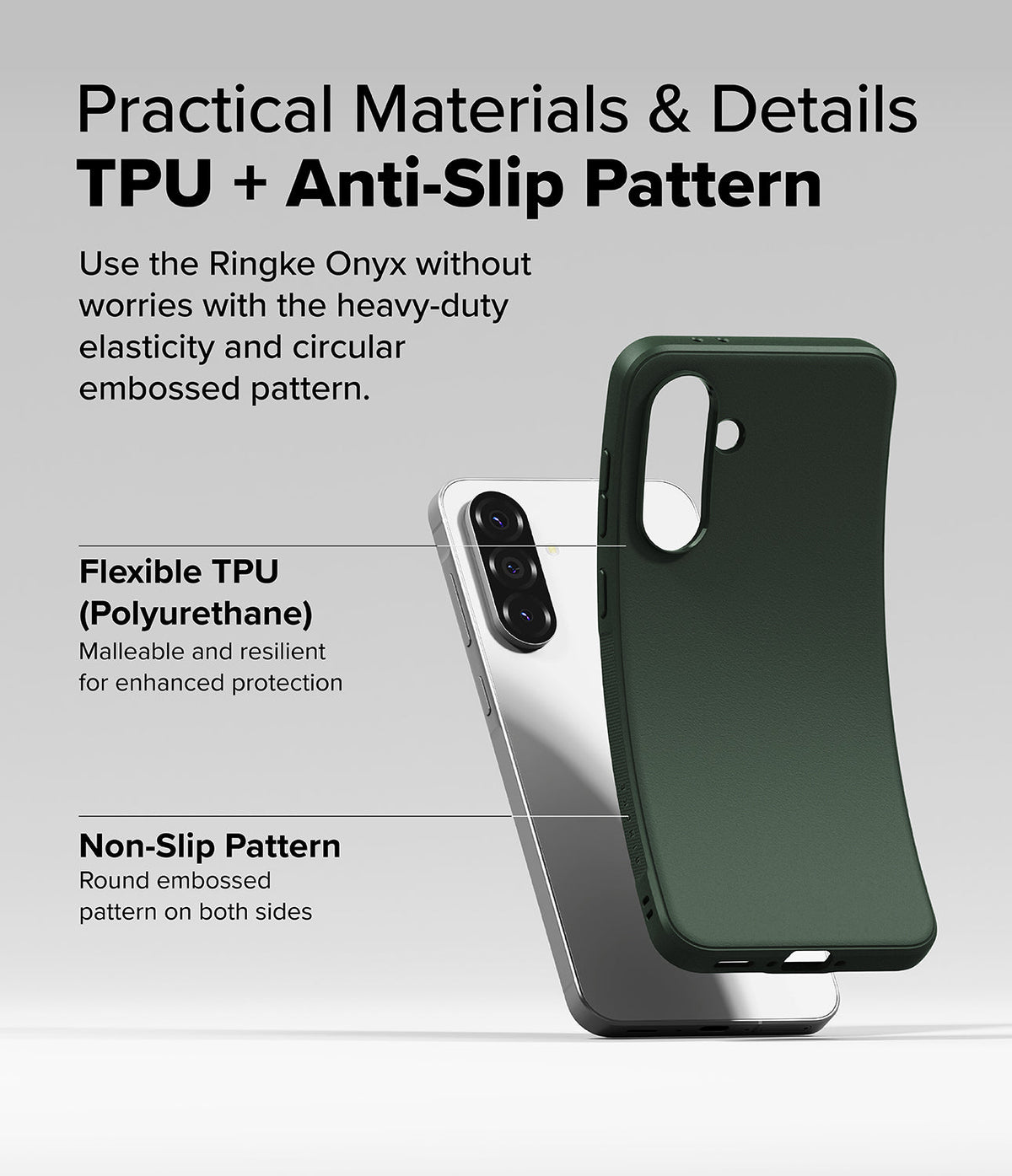 Galaxy A36 / A56 Case | Onyx - A flexible dark green TPU phone case being bent to show durability next to a smartphone.