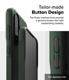 Galaxy A36 / A56 Case | Onyx - Close-up of dark green phone case buttons with textured, notched detailing for tactile feedback.