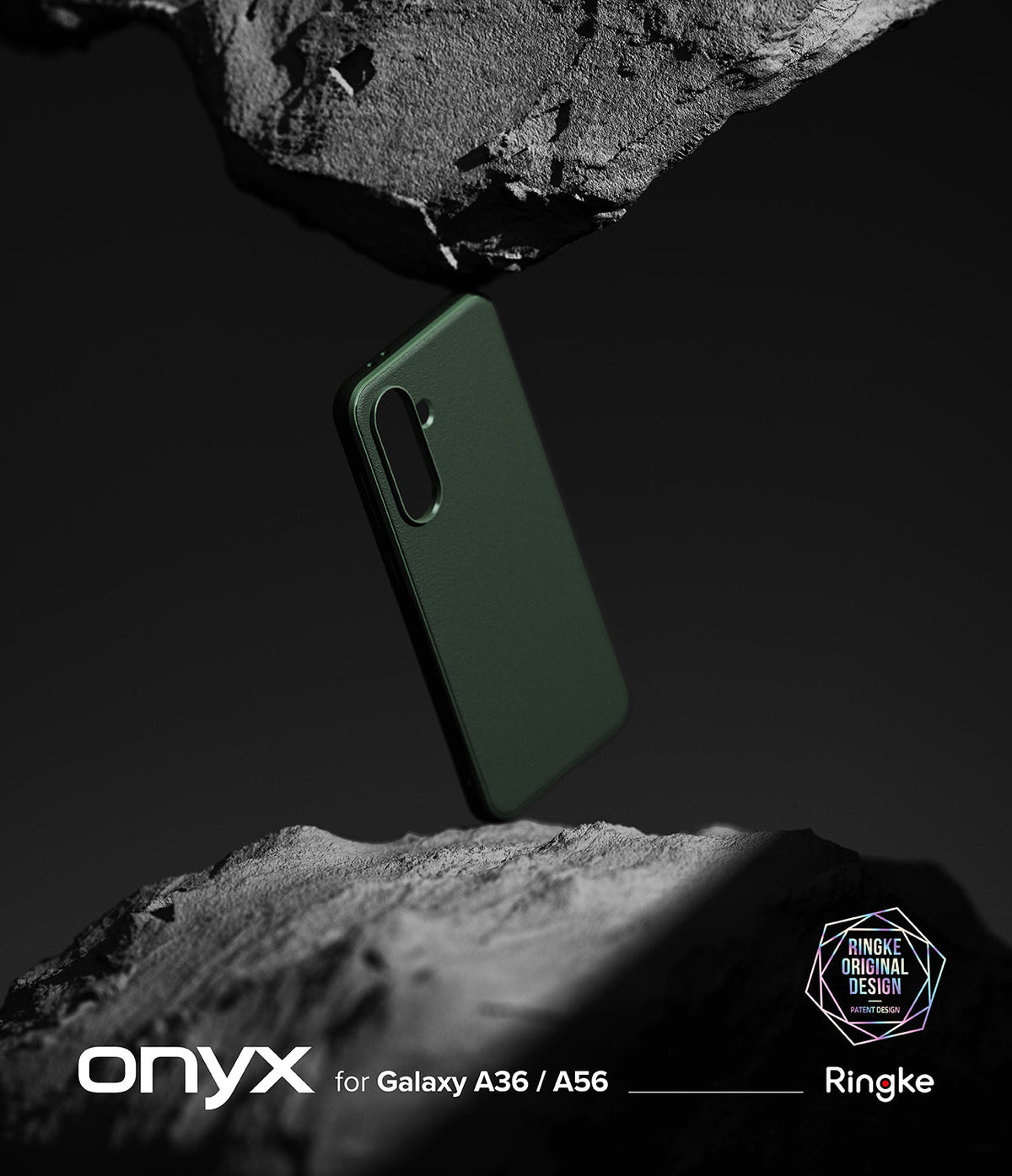 Galaxy A36 / A56 Case | Onyx - Dark green phone case floating between two jagged rock formations against a black background.