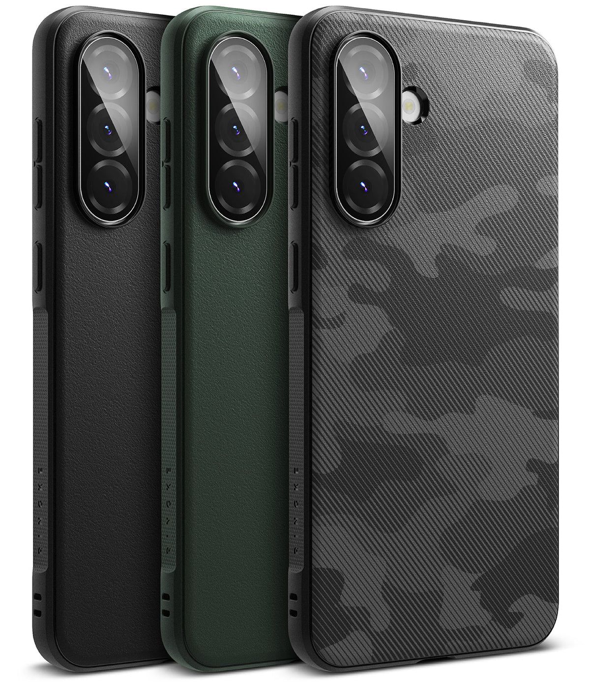 Galaxy A36 / A56 Case | Onyx - Three phone cases in black, green, and black camo, showing camera cutouts and textured backs.