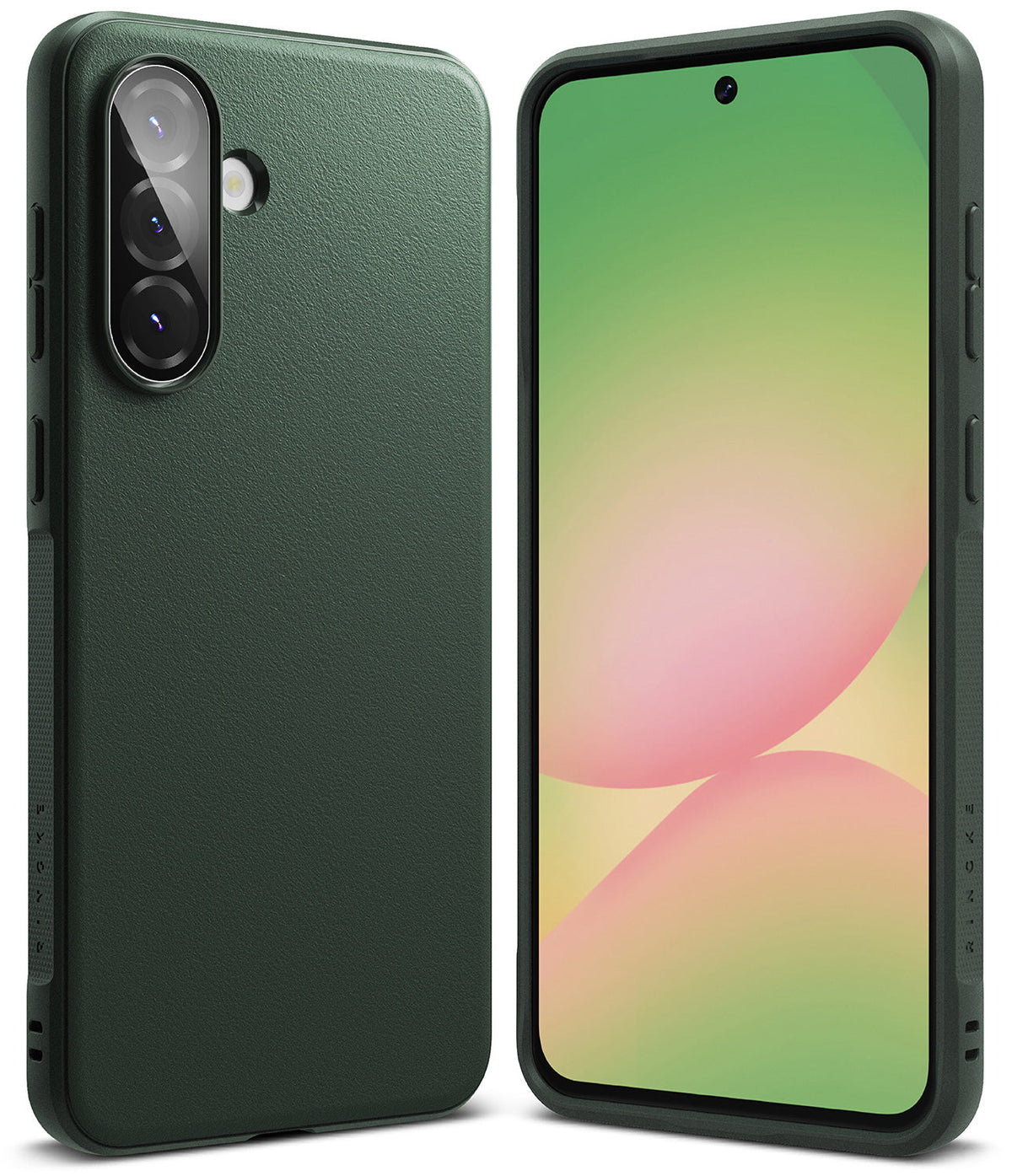 Galaxy A36 / A56 Case | Onyx - Matte dark green phone case shown from back and front with a colorful abstract screen.