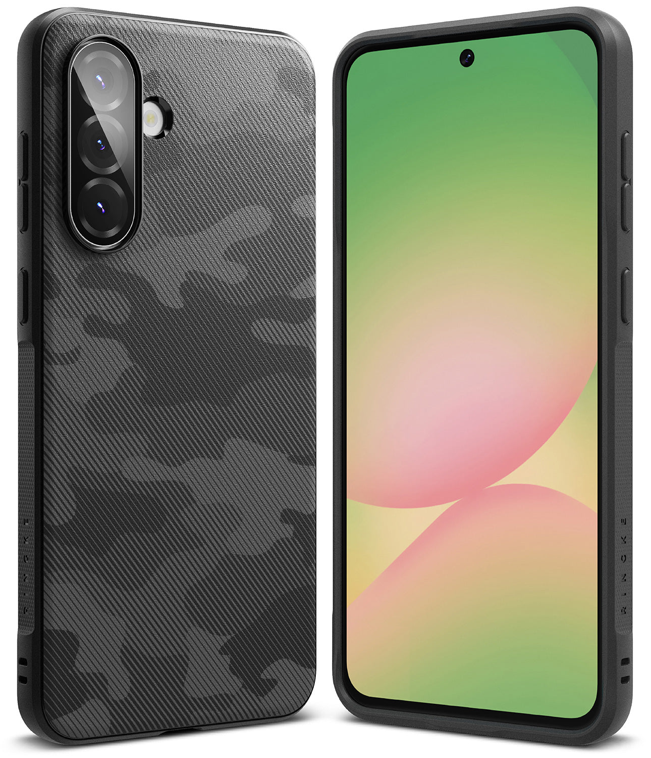 Galaxy A36 / A56 Case | Onyx - Black phone case with a textured camo pattern shown from the back and front.
