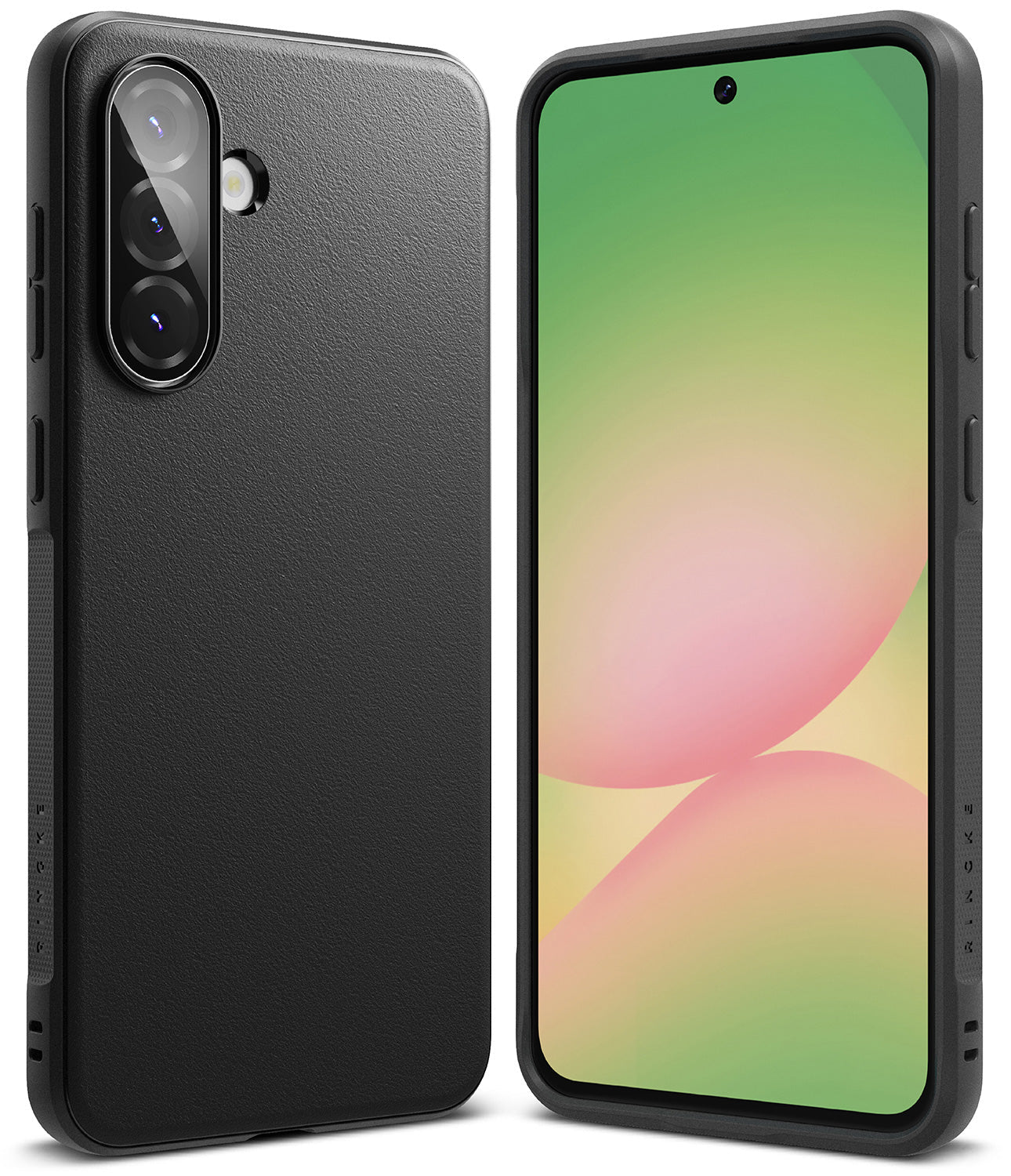 Galaxy A36 / A56 Case | Onyx - Matte black protective phone case shown from back and front with a green and pink screen.
