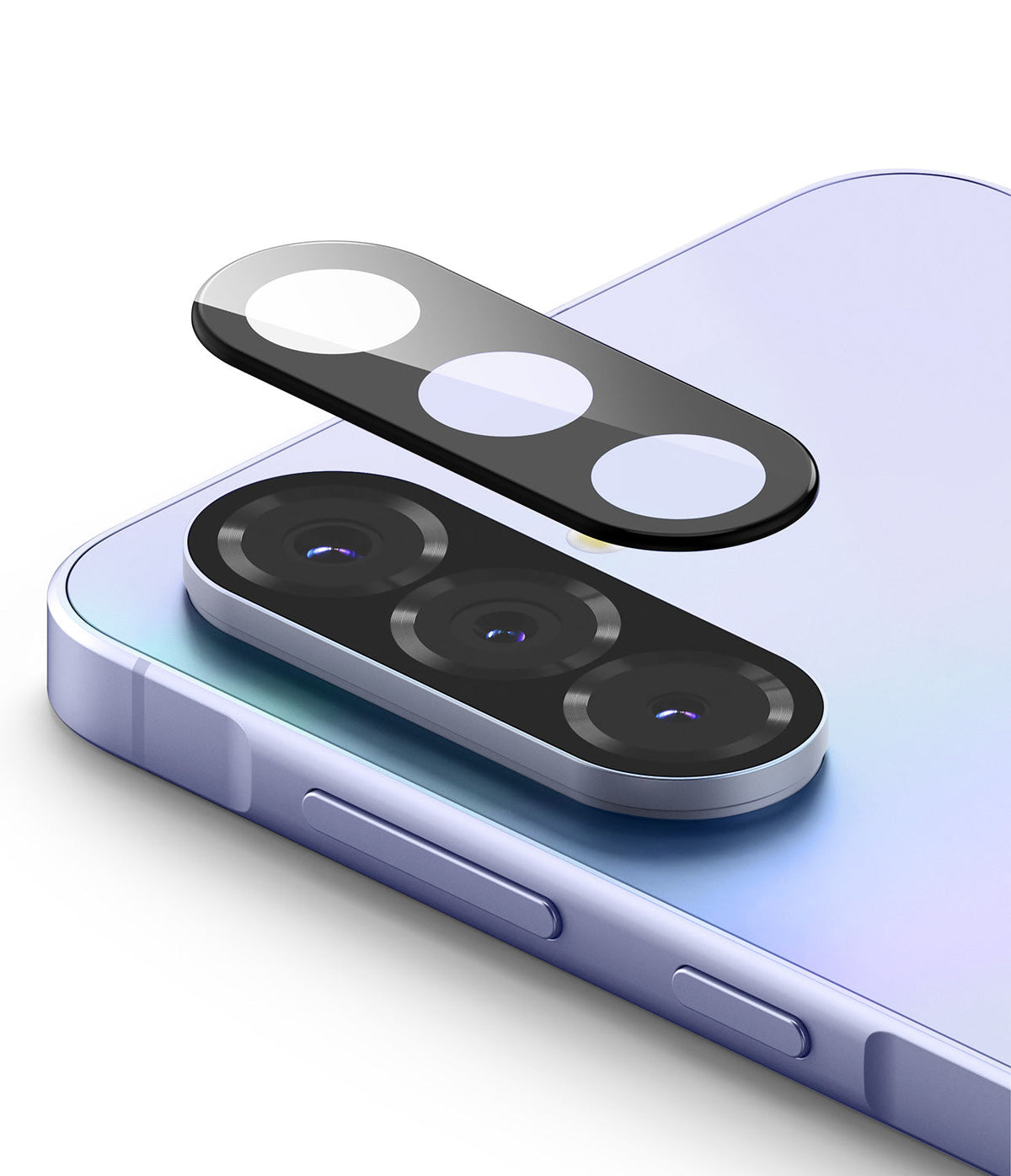 Galaxy A56 / A36 | Camera Glass - Protective glass cover hovering above the triple camera array of a light purple smartphone.