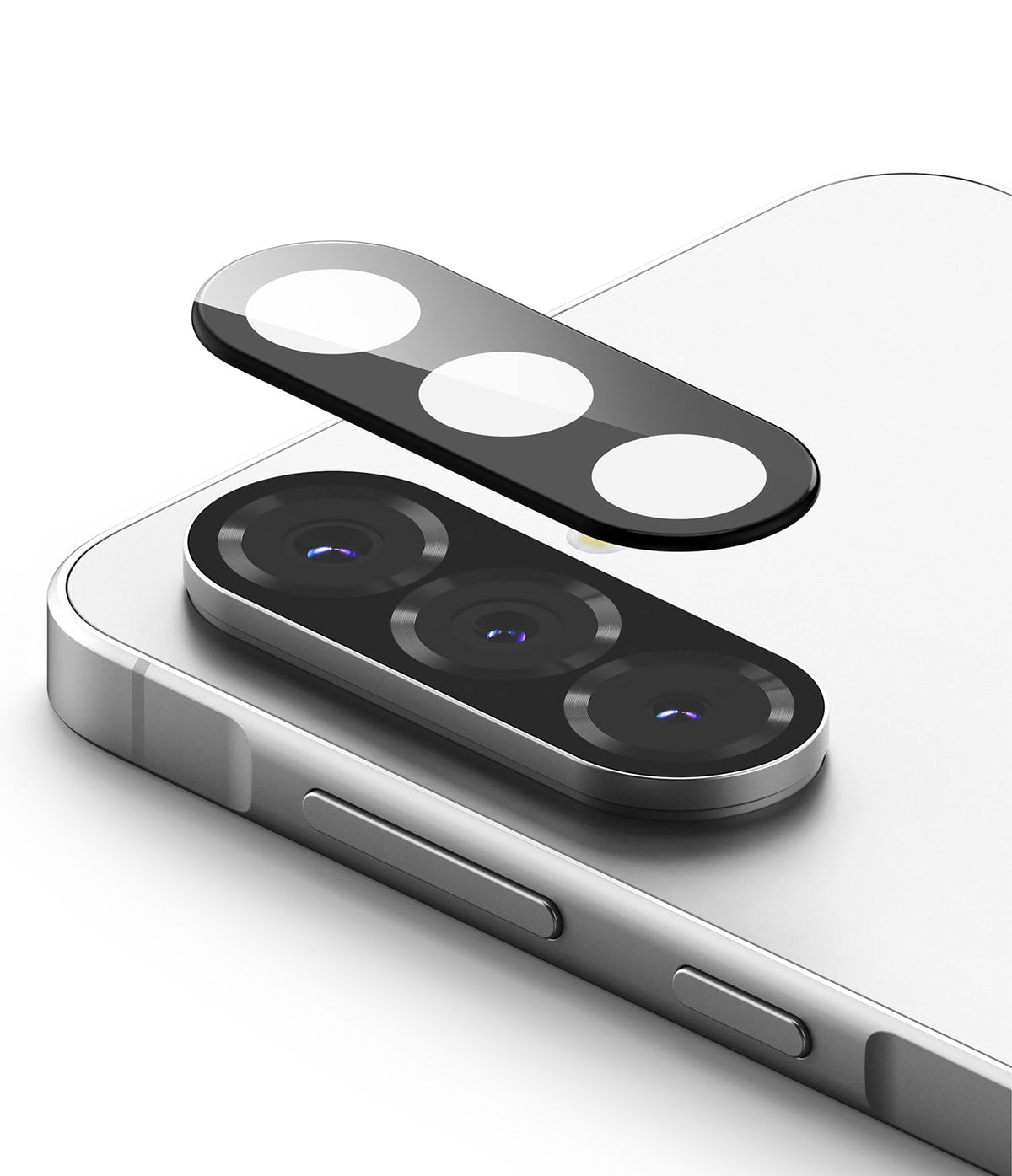 Galaxy A56 / A36 | Camera Glass - Protective glass cover hovering above the triple camera lenses of a silver smartphone.