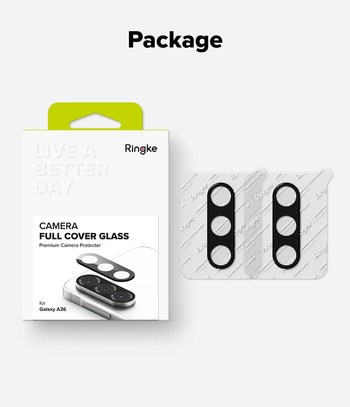 Galaxy A56 / A36 | Camera Glass - Ringke camera lens protector packaging and two adhesive glass covers for Galaxy A36.