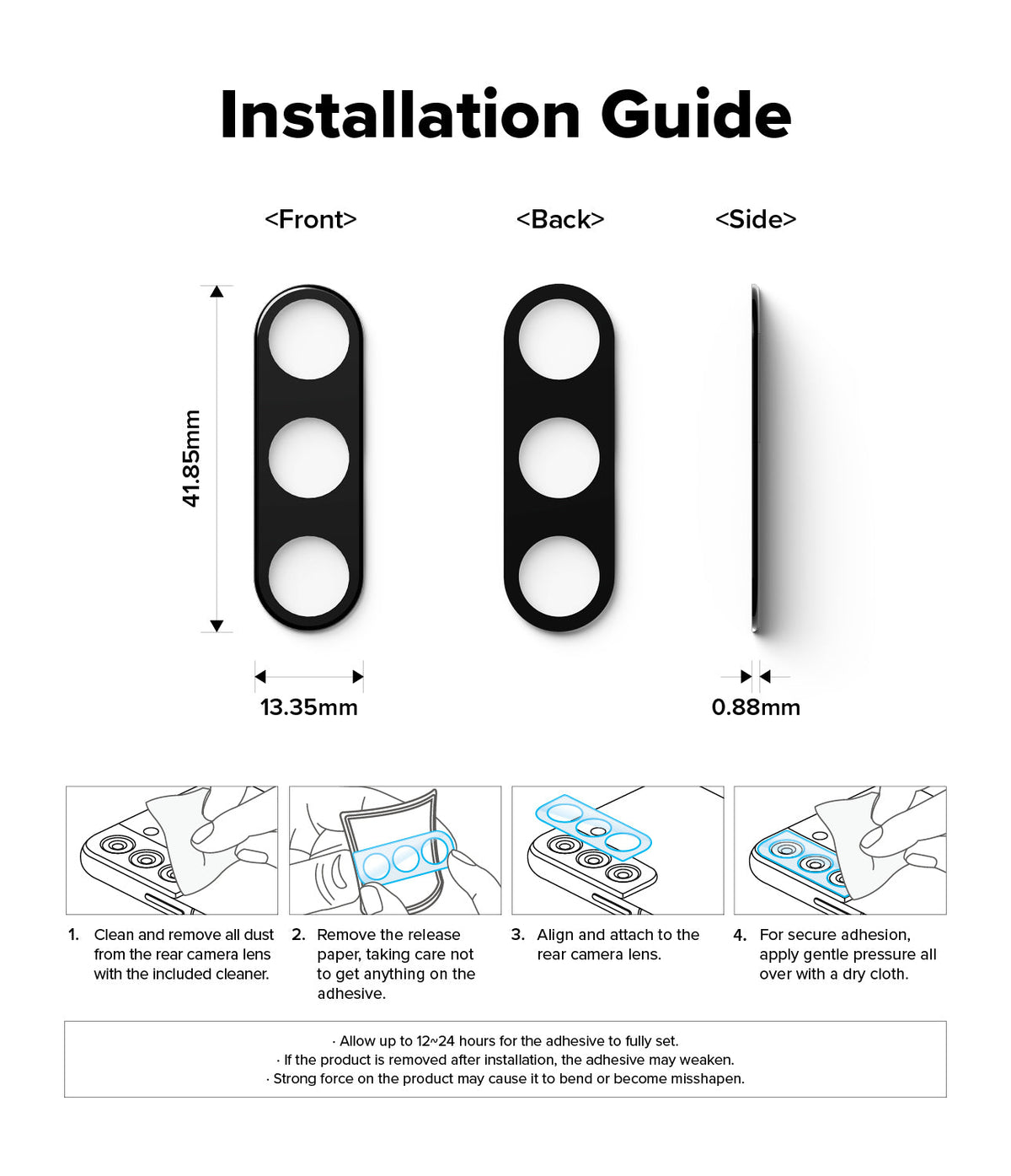 Galaxy A56 / A36 | Camera Glass - Technical diagram showing dimensions and four-step installation guide for camera lens protector.