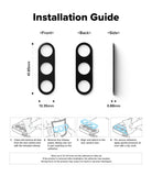 Galaxy A56 / A36 | Camera Glass - Technical diagram showing dimensions and four-step installation guide for camera lens protector.