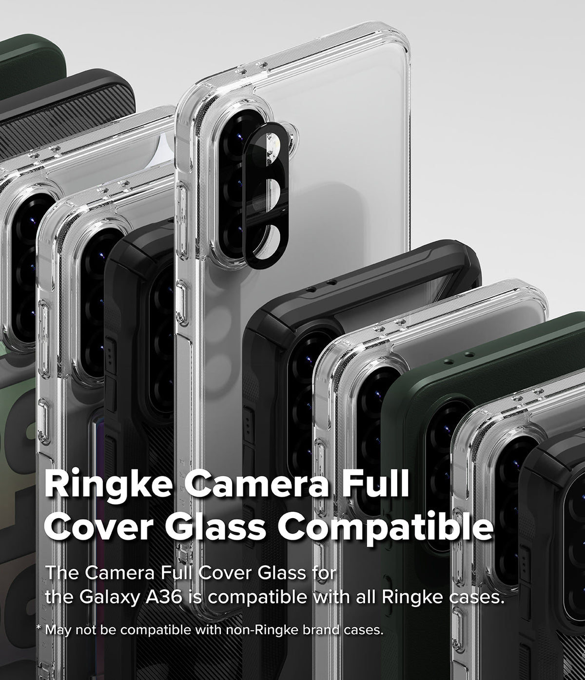 Galaxy A56 / A36 | Camera Glass - Multiple smartphones in various Ringke cases showing camera lens glass compatibility.