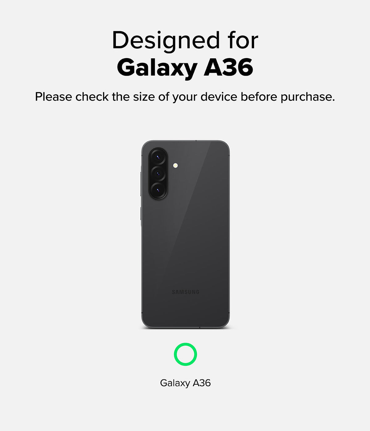 Galaxy A56 / A36 | Camera Glass - Back view of a grey Samsung Galaxy A36 phone with a green checkmark indicating compatibility.