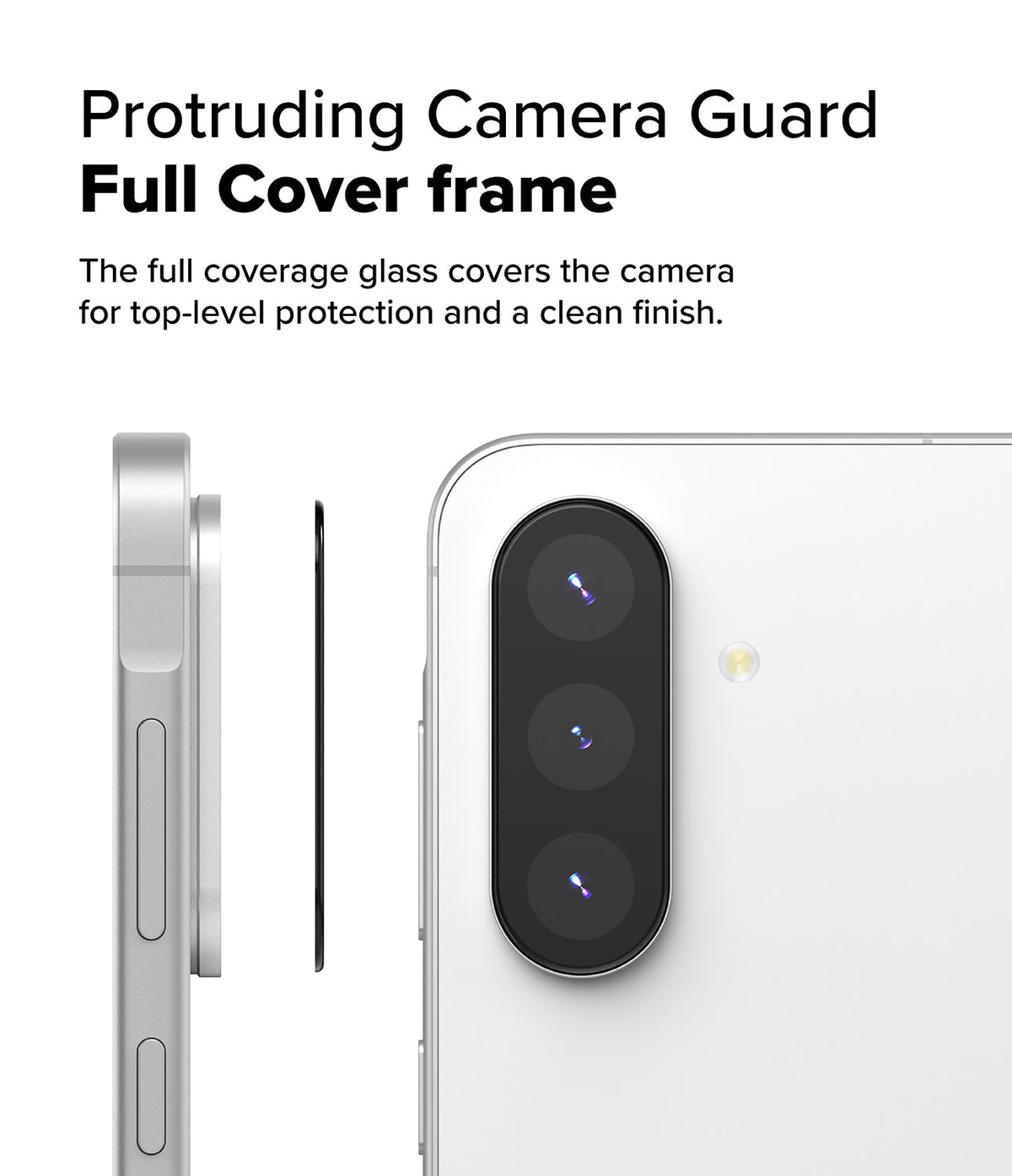 Galaxy A56 / A36 | Camera Glass - Side and rear view of a phone showing a protective glass cover aligning with the camera lenses.