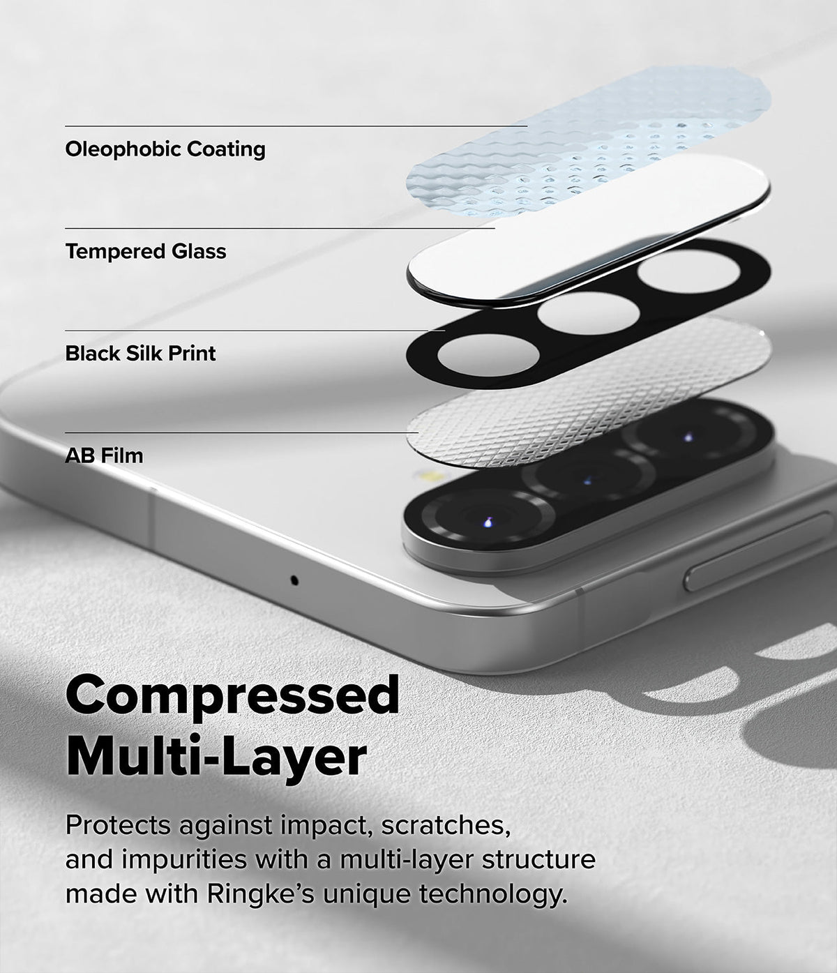 Galaxy A56 / A36 | Camera Glass - Exploded view of a multi-layer camera lens protector on a smartphone.