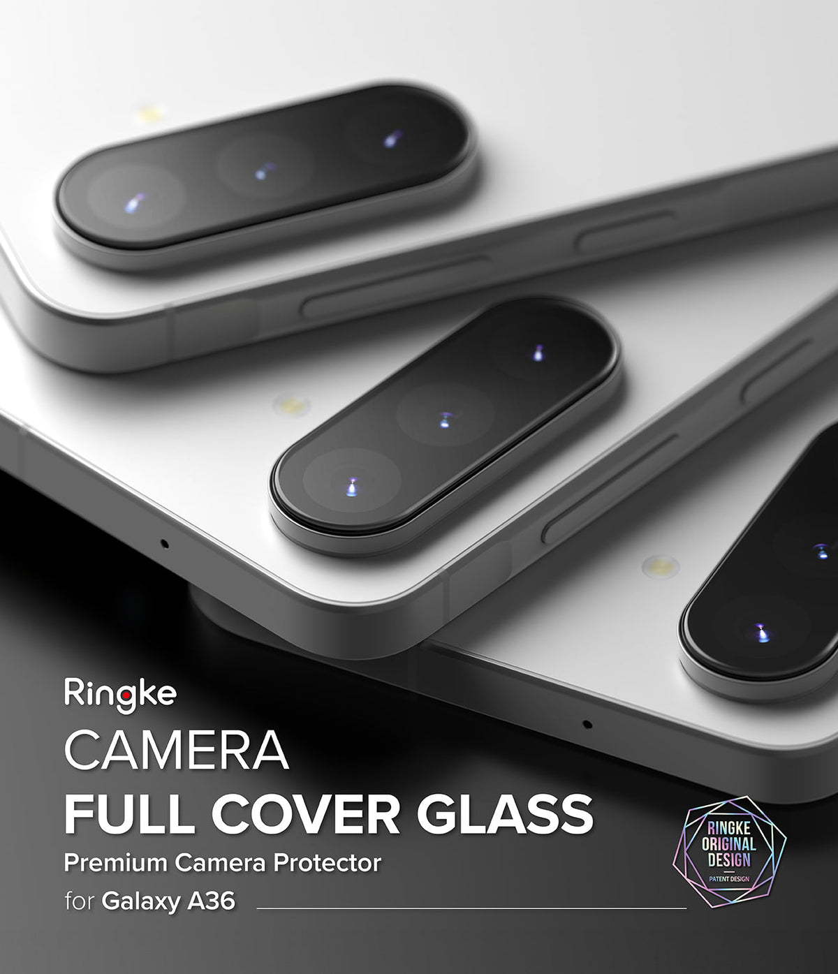 Galaxy A56 / A36 | Camera Glass - Three white smartphones stacked, showcasing sleek camera lens protectors on a dark background.