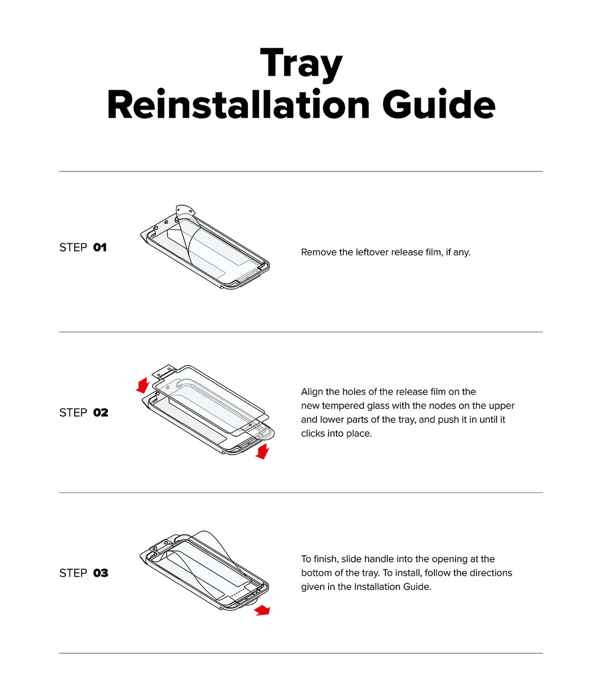 Galaxy A56 / A36 Screen Protector | Easy Slide Tempered Glass - Galaxy A56 / A36 Screen Protector - Three-step instructional diagram for reinstalling a tempered glass screen protector.