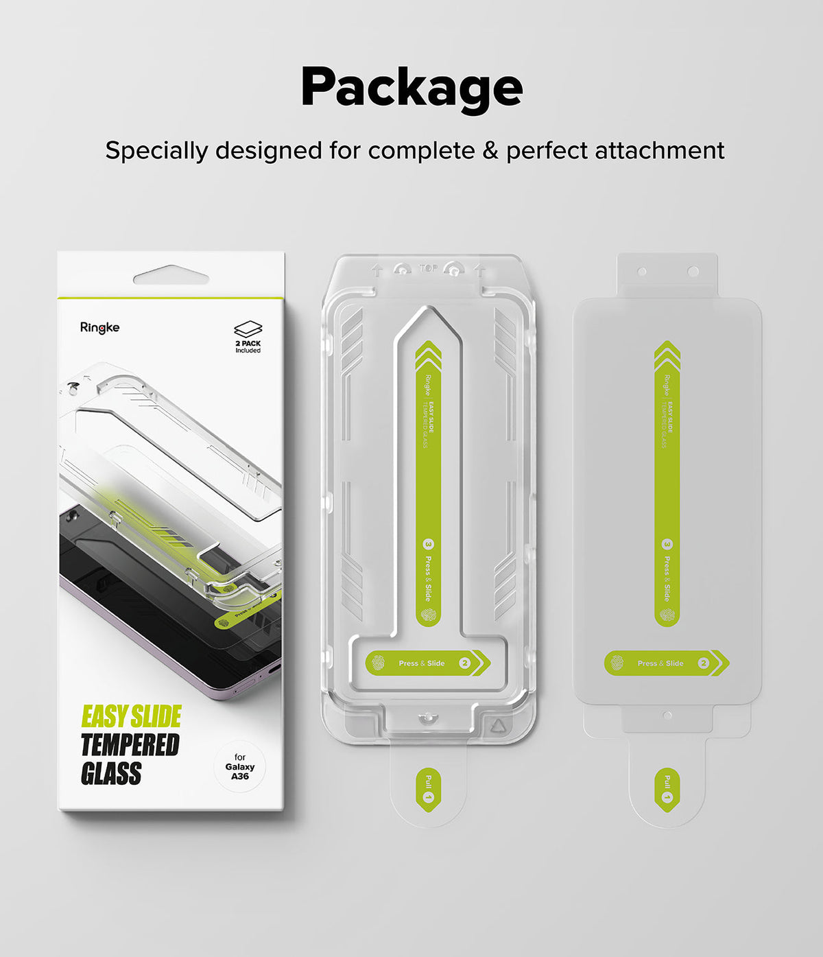 Galaxy A56 / A36 Screen Protector | Easy Slide Tempered Glass - Galaxy A56 / A36 Screen Protector - Retail box, installation tray, and two tempered glass screen protectors with tabs.