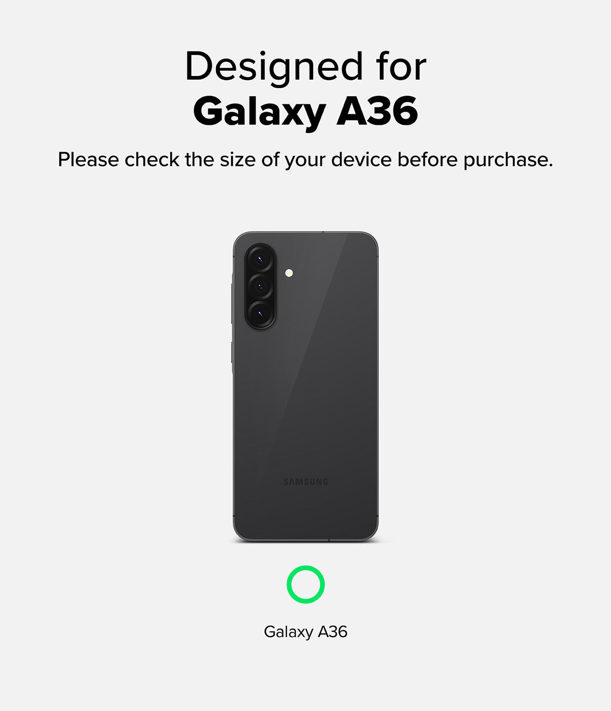 Galaxy A56 / A36 Screen Protector | Easy Slide Tempered Glass - Galaxy A56 / A36 Screen Protector - Text confirming Galaxy A36 compatibility above a grey smartphone and a green circle icon.