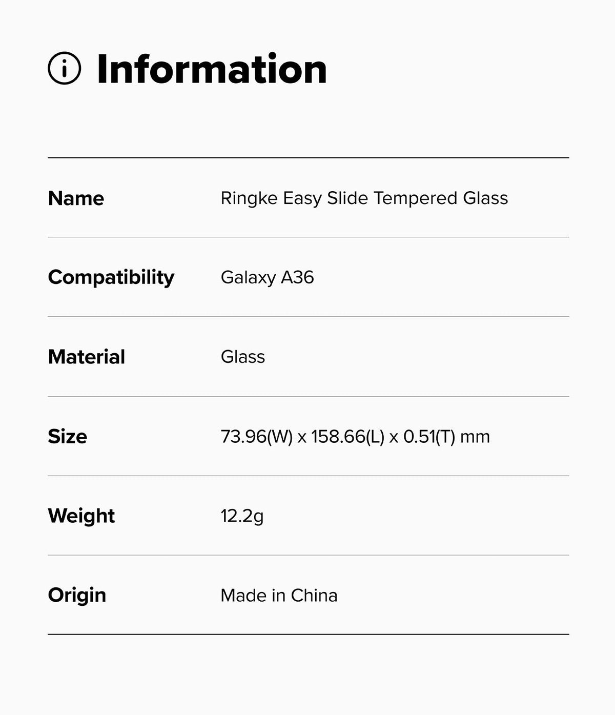 Galaxy A56 / A36 Screen Protector | Easy Slide Tempered Glass - Specification table listing product name, compatibility, material, size, weight, and origin.