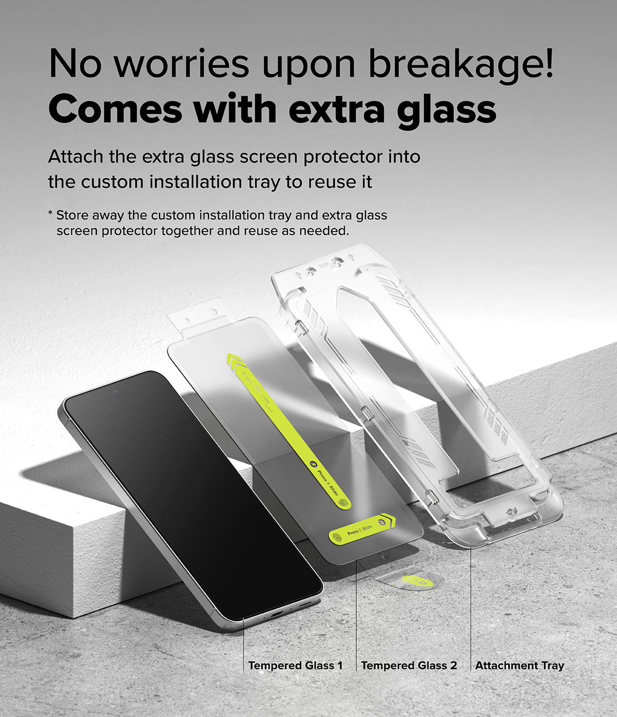 Galaxy A56 / A36 Screen Protector | Easy Slide Tempered Glass - Galaxy A56 / A36 Screen Protector - Smartphone, two tempered glass protectors, and an installation tray on a gray surface.