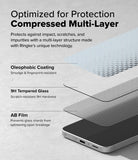 Galaxy A56 / A36 Screen Protector | Easy Slide Tempered Glass - Galaxy A56 / A36 Screen Protector - Exploded view showing multi-layer screen protector structure above a smartphone.