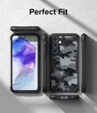 Galaxy A55 Case | Fusion-X - Black camo phone case shown from multiple angles with a phone displaying a purple crystal graphic.