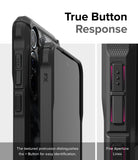 Galaxy A55 Case | Fusion-X - Close-up of phone case buttons with textured protrusions and fine aperture lines for tactile feedback.