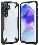 Galaxy A55 Case | Fusion-X - Clear back phone case with black rugged bumpers shown from front and back angles.