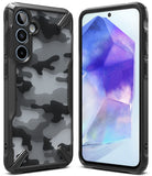 Galaxy A55 Case | Fusion-X - Black rugged phone case with a camo back panel and a clear front display showing a crystal graphic.