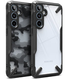 Galaxy A55 Case | Fusion-X - Two Galaxy A55 phones in black rugged cases, one with a camo back and one with a clear back.