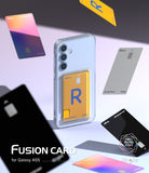 Galaxy A55 Case | Fusion Card - Clear phone case with a yellow card holder, surrounded by floating colorful credit cards.