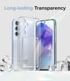 Galaxy A55 Case | Fusion Card - Clear phone case with card slot standing in front of a blue phone surrounded by ice cubes.