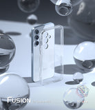 Galaxy A55 Case | Fusion - Clear phone case standing next to a Galaxy A55 smartphone surrounded by floating glass spheres.