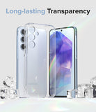 Galaxy A55 Case | Fusion - Clear phone case floating in front of a light blue Galaxy A55 surrounded by ice cubes.