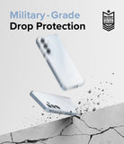 Galaxy A55 Case | Fusion - Clear phone case bouncing off a cracked concrete surface with military-grade protection badge.