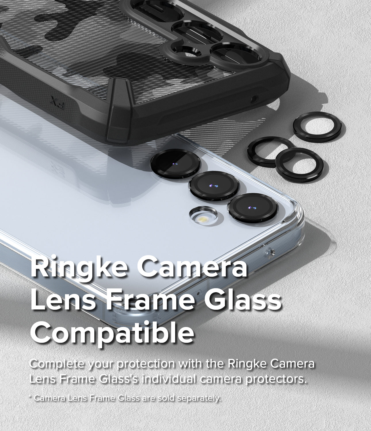 Galaxy A55 Case | Fusion Matte - Galaxy A55 phone with a black case and separate black camera lens protectors on a textured surface.