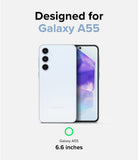 Galaxy A55 Case | Fusion - Light blue Samsung Galaxy A55 phone showing front and back views with 6.6-inch display text.