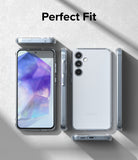 Galaxy A55 Case | Fusion Matte - Multiple views of a Samsung Galaxy A55 in a clear matte case on a textured gray surface.