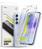 Galaxy A55 Screen Protector | Easy Slide Tempered Glass - Galaxy A55 Screen Protector - Ringke tempered glass kit with an easy-slide installation frame and a Galaxy A55 smartphone.