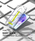 Galaxy A55 Screen Protector | Easy Slide Tempered Glass - Galaxy A55 Screen Protector - Easy Slide installation tool applying a tempered glass protector onto a smartphone.