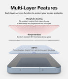 Galaxy A55 Screen Protector | Easy Slide Tempered Glass - Galaxy A55 Screen Protector - Exploded view showing oleophobic, tempered glass, and ABFilm layers above a smartphone screen.