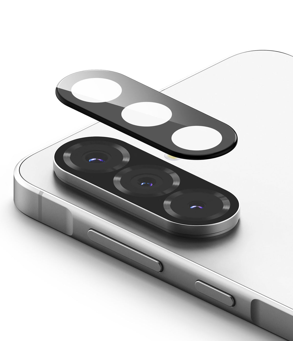 Galaxy A56 / A36 | Camera Glass - Protective glass cover hovering above the triple camera array of a silver smartphone.